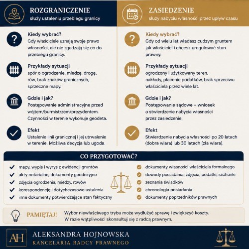 Grafika dekoracyjna porady: Zasiedzenie a rozgraniczenie nieruchomości – co wybrać?